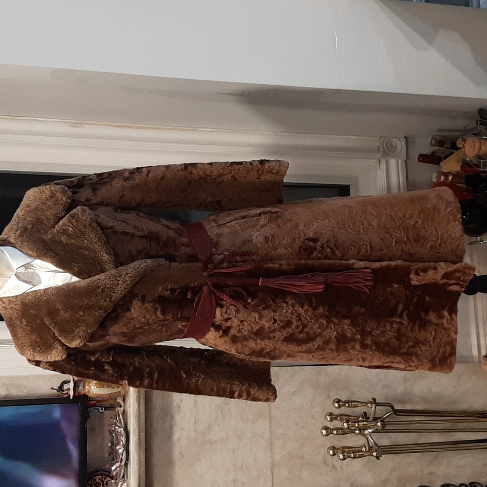 Luxurious Brown real broadtail lamb  Fur Coat with Red Belt Fits Small / - Picture 2 of 14